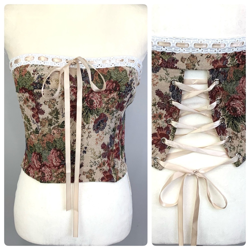 American Threads Sz Medium Willa Floral Tapestry Lace Up Corset Ribbon Top
